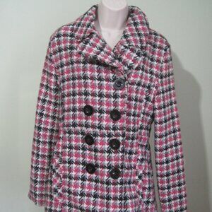 Rue 21 Womens Dress Coat Black Pink Buttons Lined Wool Blend Collar Belted M